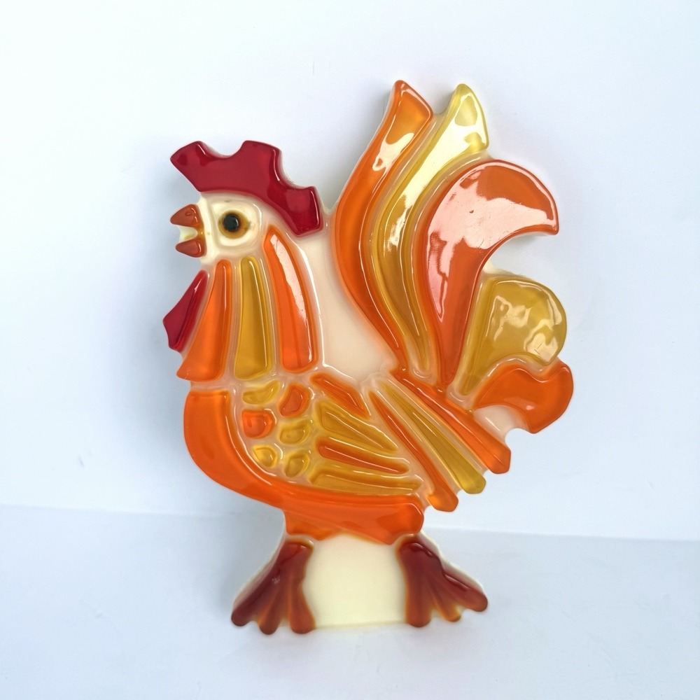 MCM Rooster Wall Hanging 60s Resin Lucite Orange Yellow Retro Kitchen Country